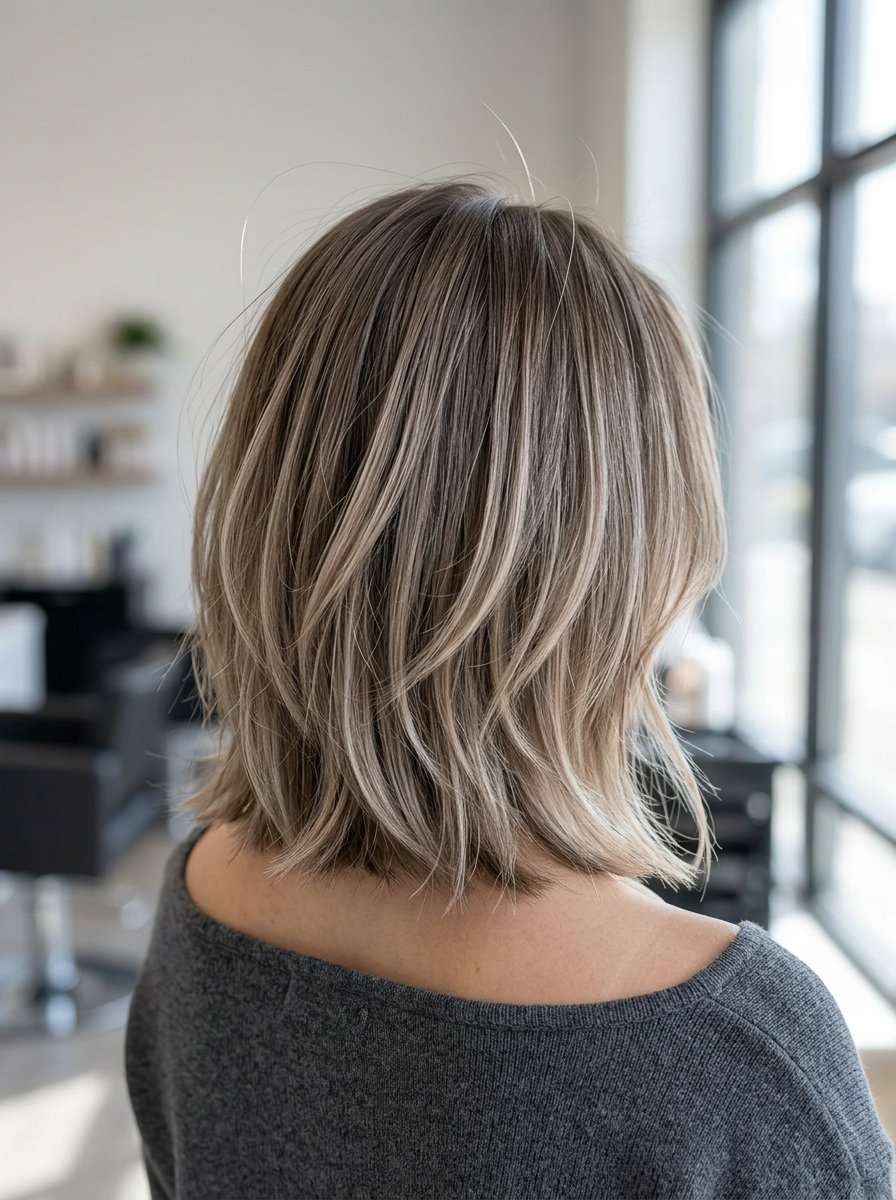 Mushroom Bronde Choppy Bob 2026 shoulder-length choppy bob haircut with mushroom bronde, ash tones, and face-framing for chic style