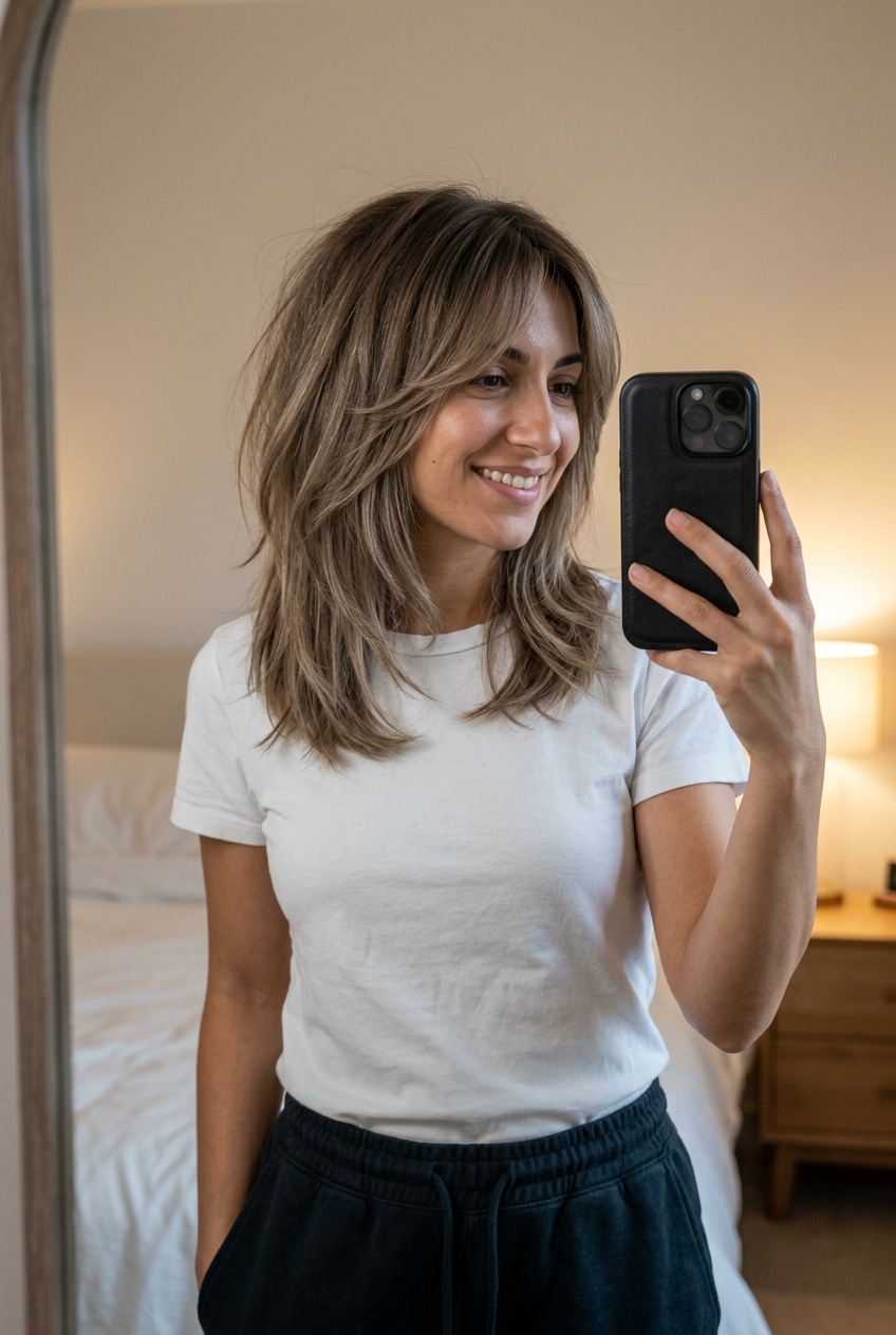 shoulder-grazing shag haircut in mushroom bronde with balayage and long curtain bangs for summer