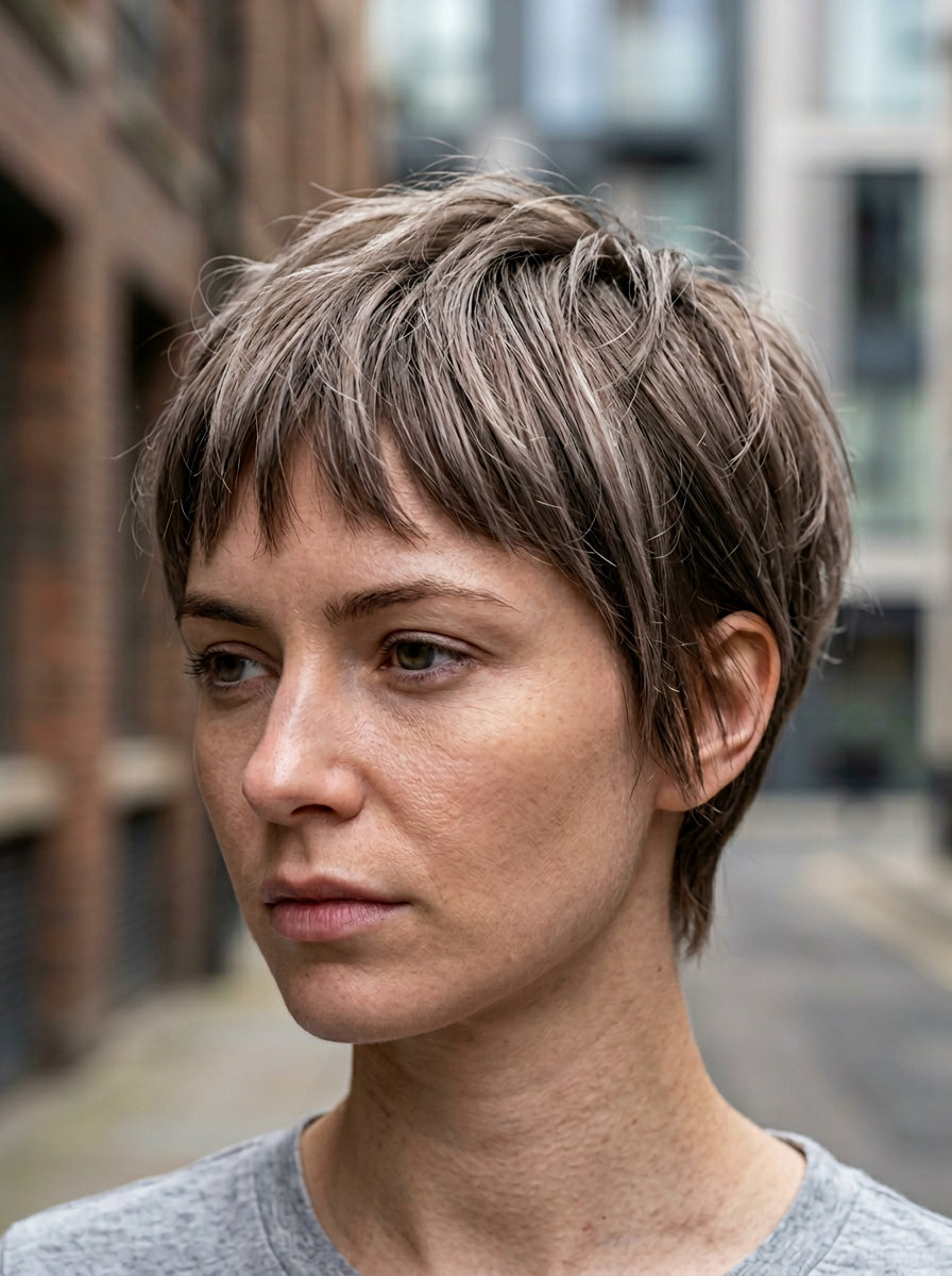 very short mushroom bronde shag with ash blonde highlights, choppy layers, micro-bangs — modern punk festival