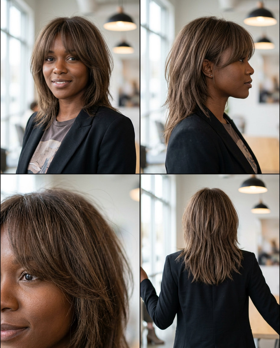 long mushroom brown shag with textured layers and curtain bangs for summer work