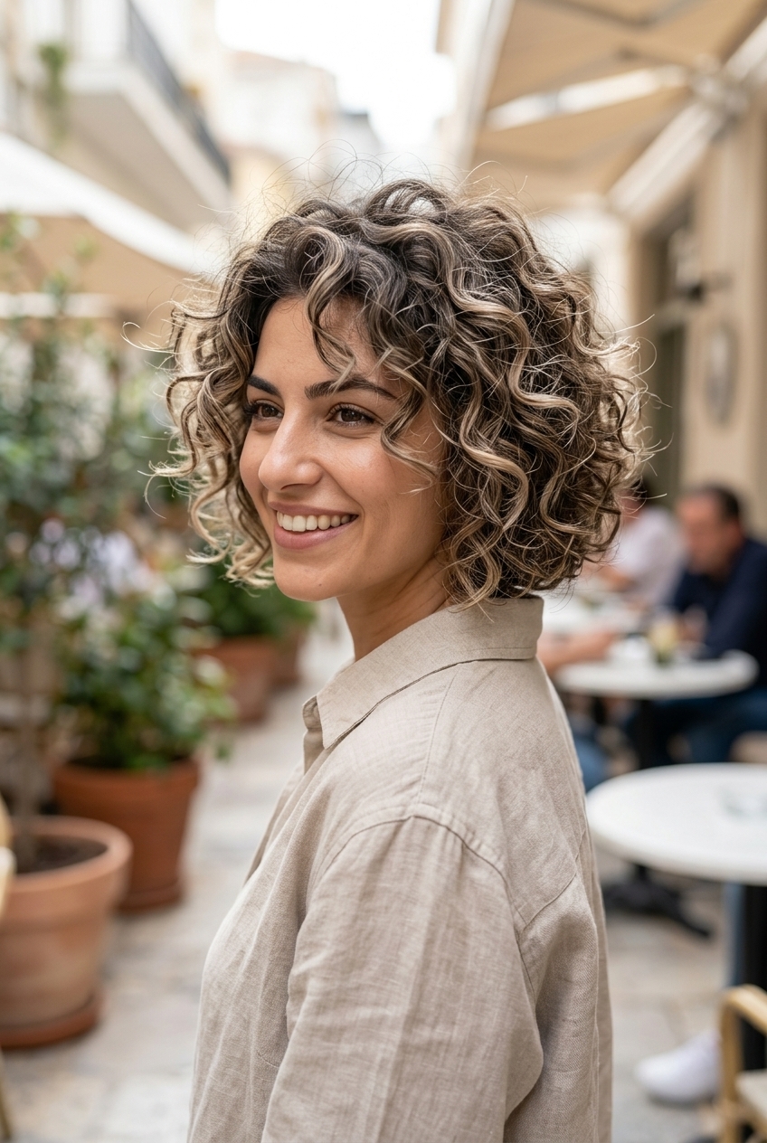 short bob haircut in mushroom brown with beige blonde, carved internal layers, tapered nape — natural and bohemian
