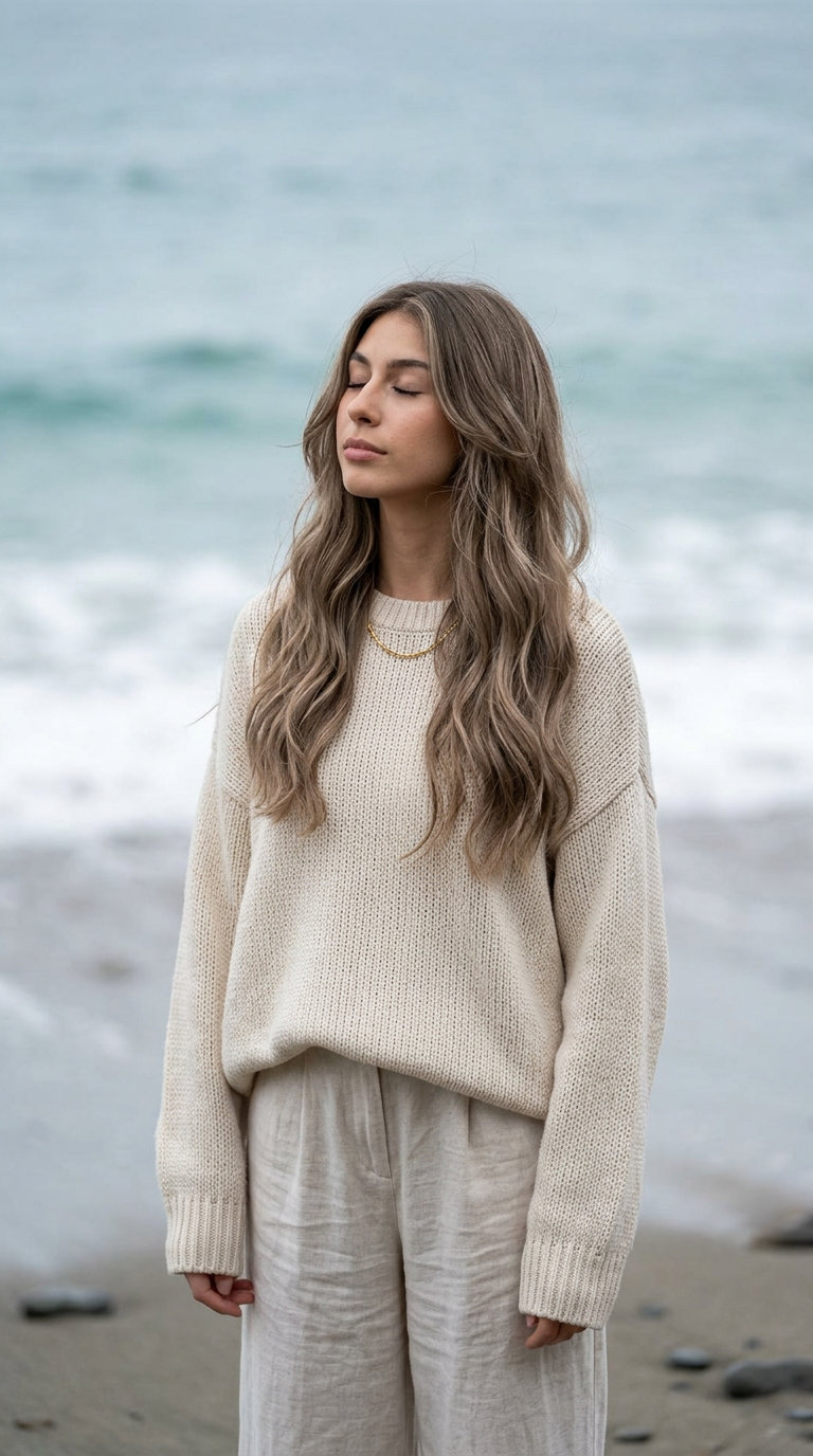 Mushroom Greige Waves 2026 long mushroom greige wavy hair with face-framing layers for summer 2026