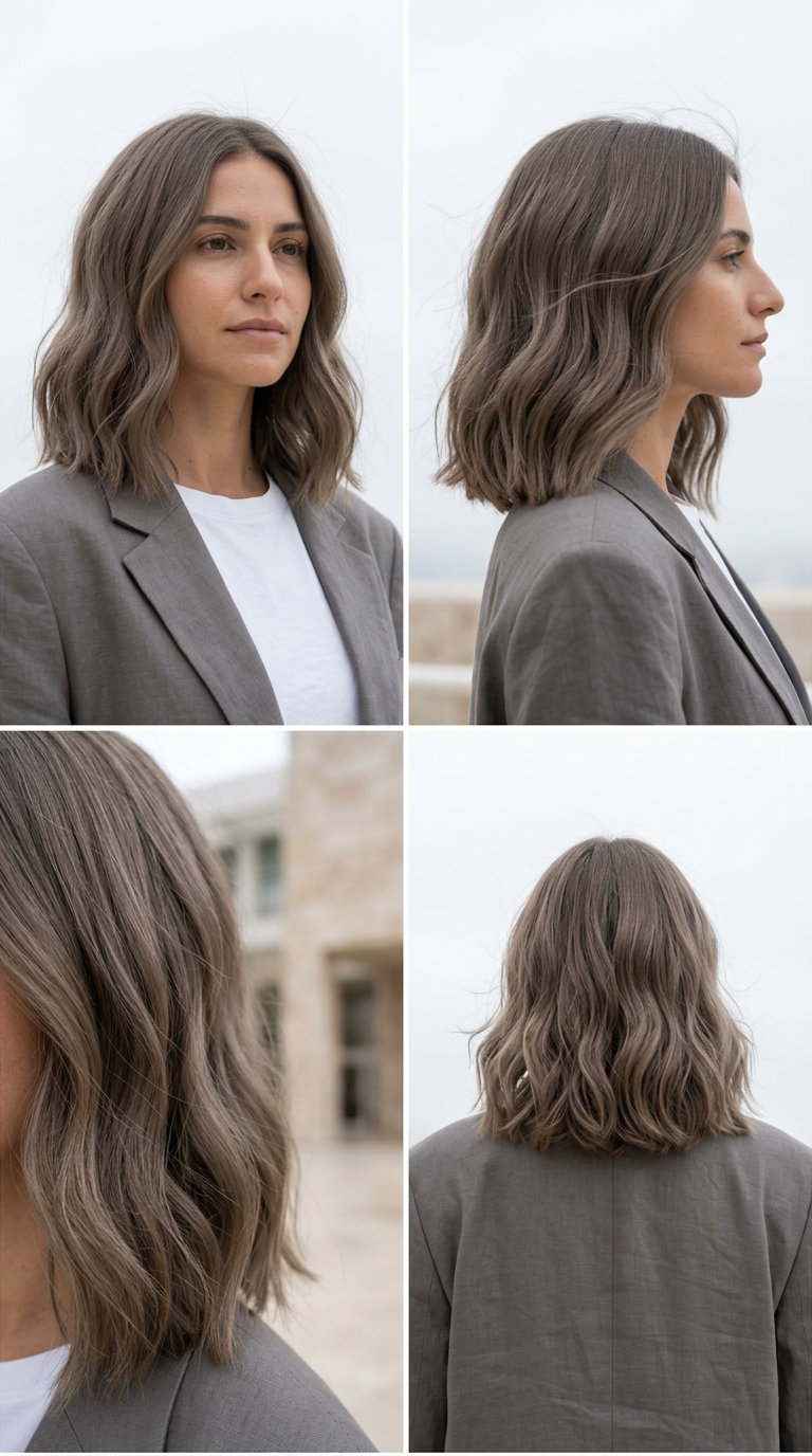 Mushroom Greige Lob 2026: Effortless Waves shoulder-length mushroom greige lob with ash-grey undertones, diffused internal layers, no bangs — sophisticated daily wear
