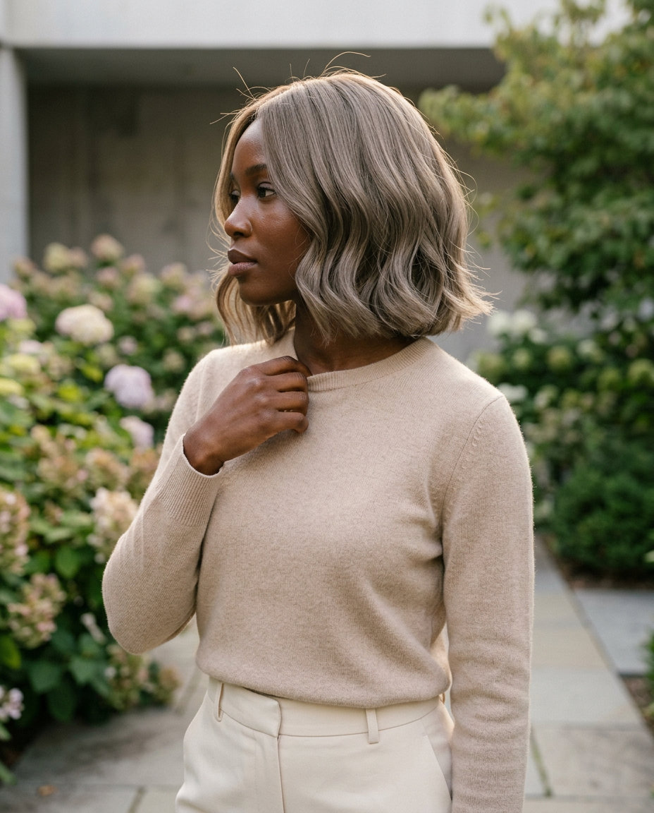 Modern Minimalist Midi 2026 midi-length mushroom greige haircut with U-shaped layers and diffused ends for summer