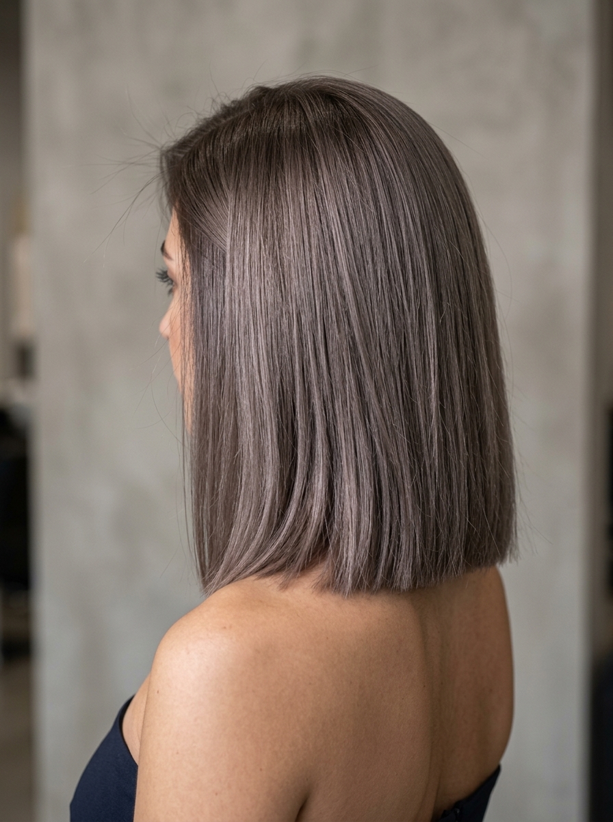 medium textured lob haircut with mushroom taupe color, reverse balayage, no bangs — edgy and modern