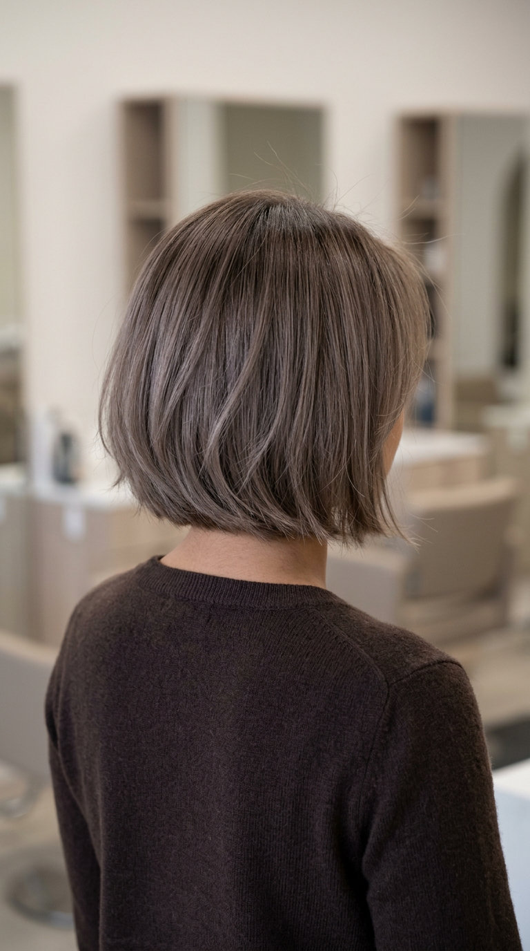 short french bob with mushroom taupe, point-cut texture and curtain bangs for modern look