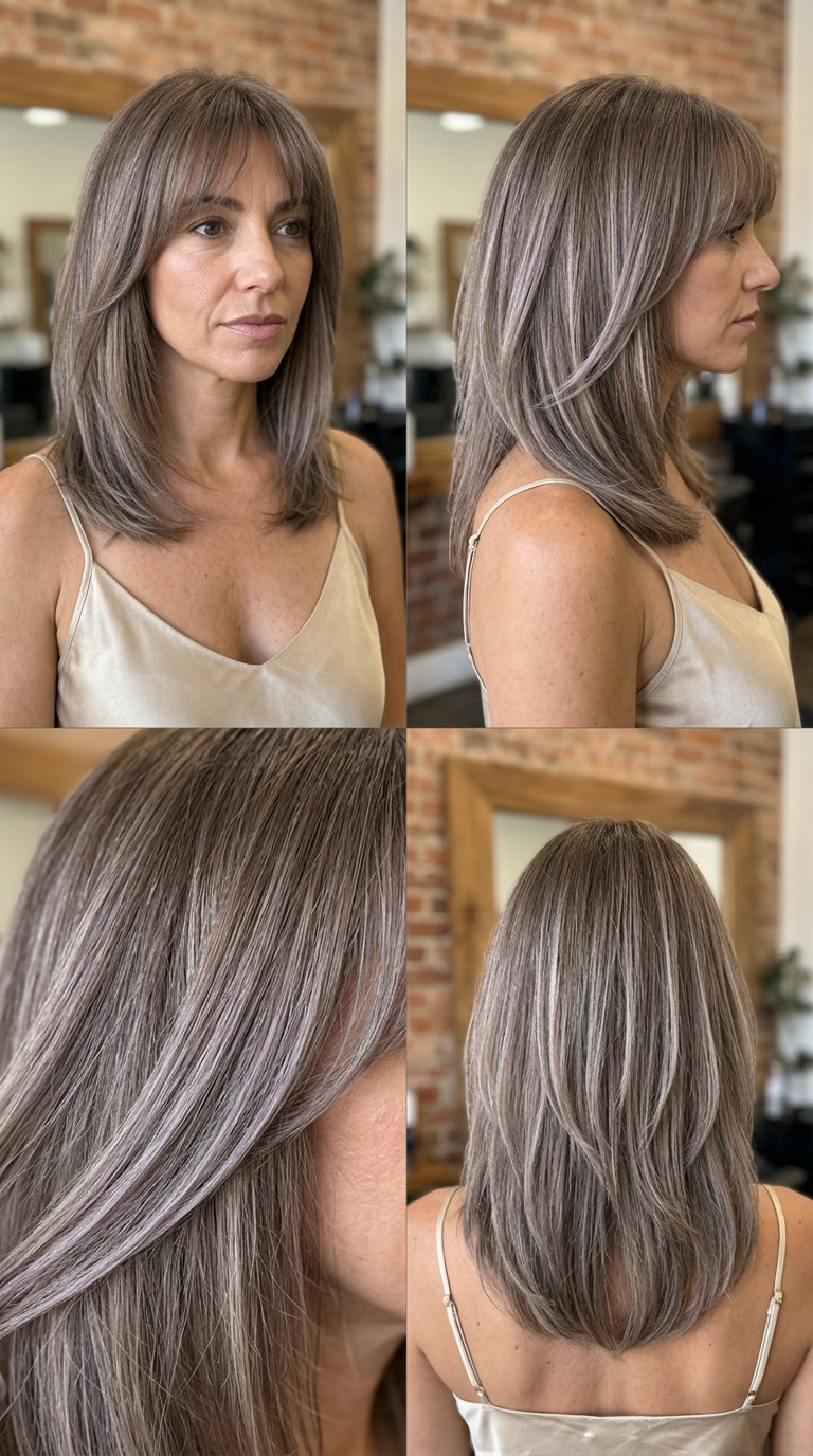 shoulder-length shag haircut in mushroom taupe with cool ash undertones and wispy fringe for casual wear