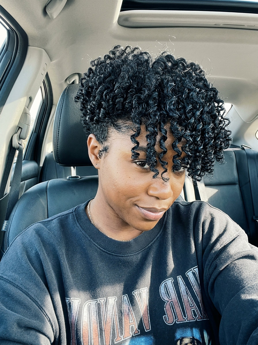 short natural black bixie haircut with blue-black undertones and defined coils for daily wear