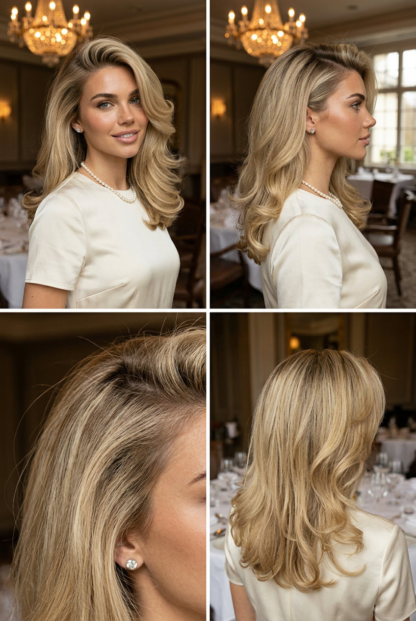 long natural blonde blowout with deep side part and curled under ends for work