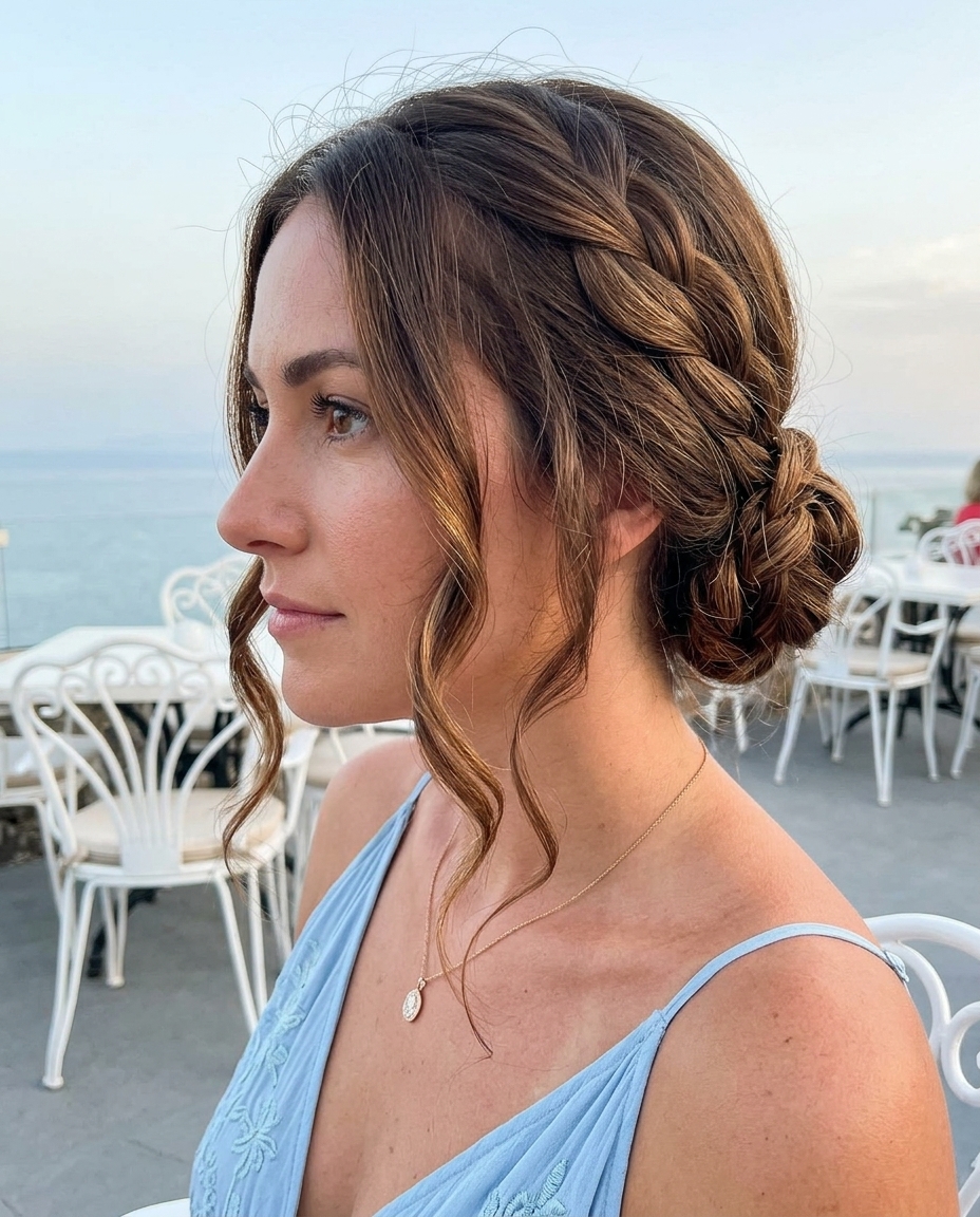 long natural brunette braided bun with face-framing tendrils for date night