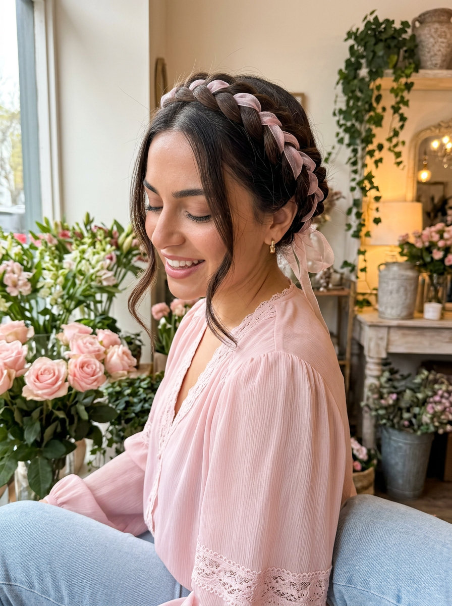 Coquette Ribbon Crown Braid: Whimsical Updo 2026 long natural brunette coquette ribbon crown braid with soft texture, face-framing pieces — romantic whimsical updo