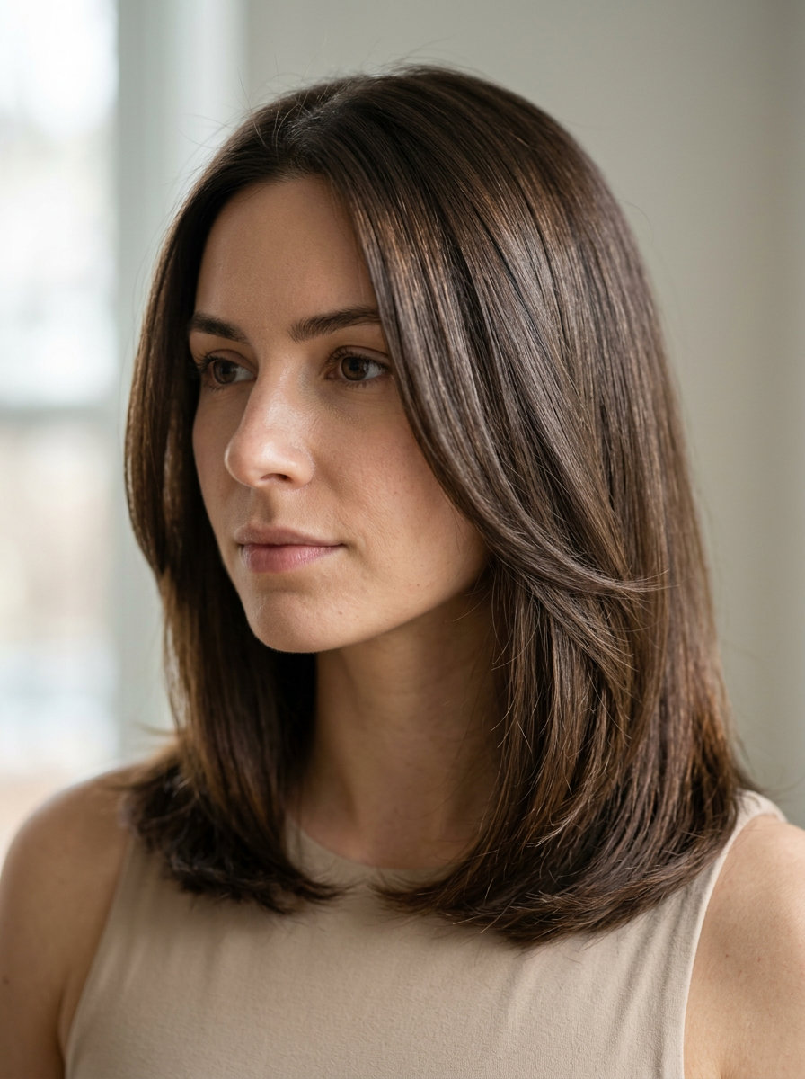 Natural Brunette Ghost Layers for Medium Hair medium layered haircut with natural deep brunette, hidden ghost layers, blunt perimeter — minimalist professional style