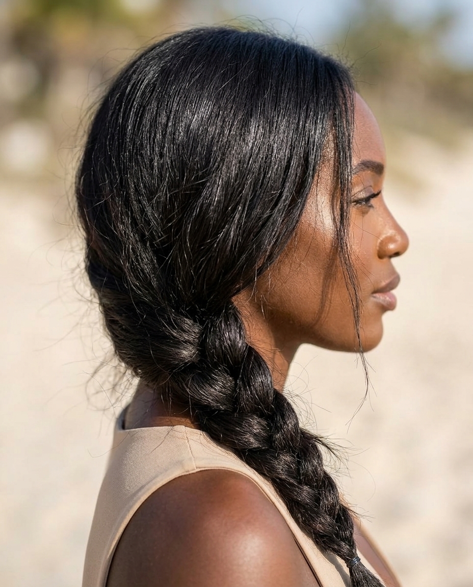 long natural hair with loose boho side braid and face-framing tendrils for weekend casual