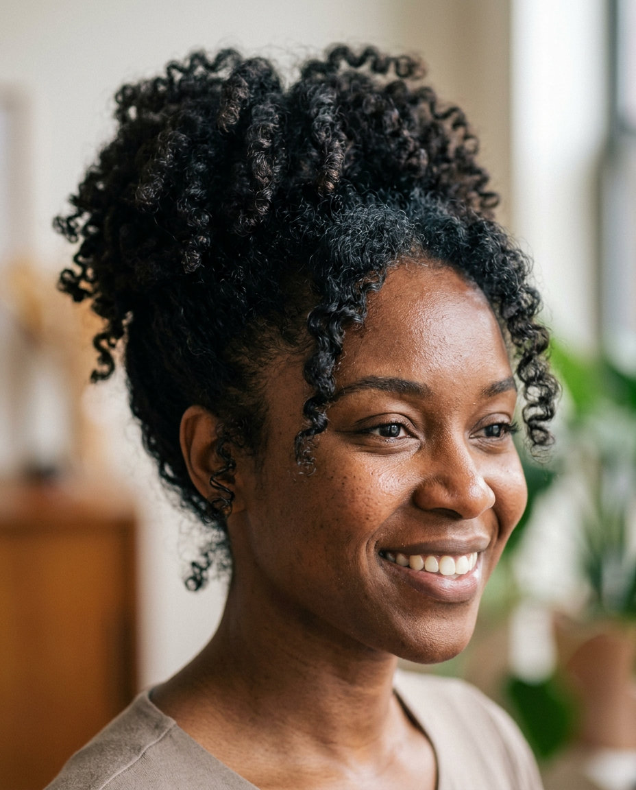 long natural hair with effortless cloud updo and face-framing tendrils for weekend brunch
