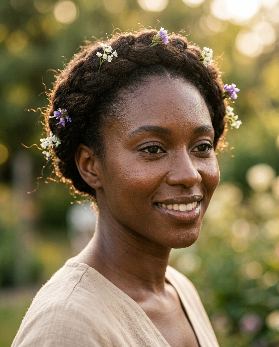 long natural hair with ethereal woodland crown braid and floral accents for weddings