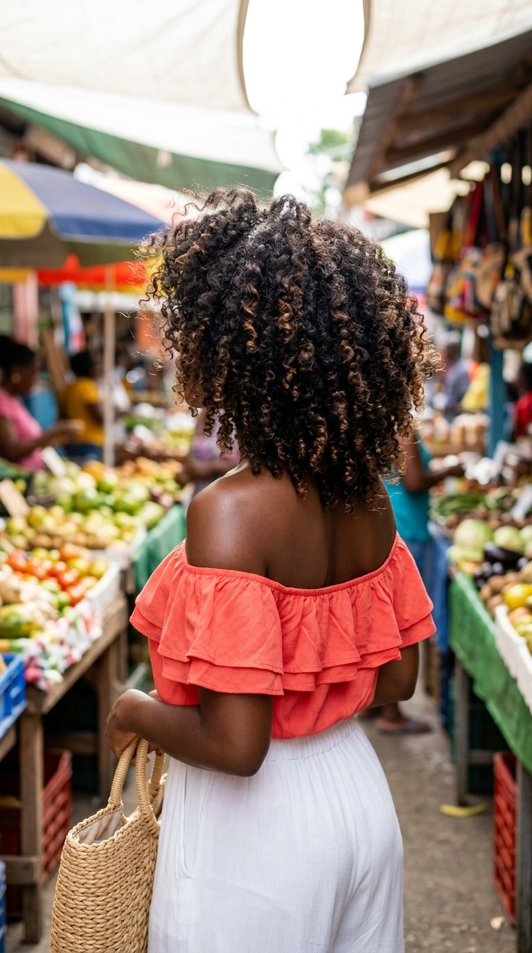 long natural hair with voluminous cloud wash-and-go and defined curls for tropical vacations