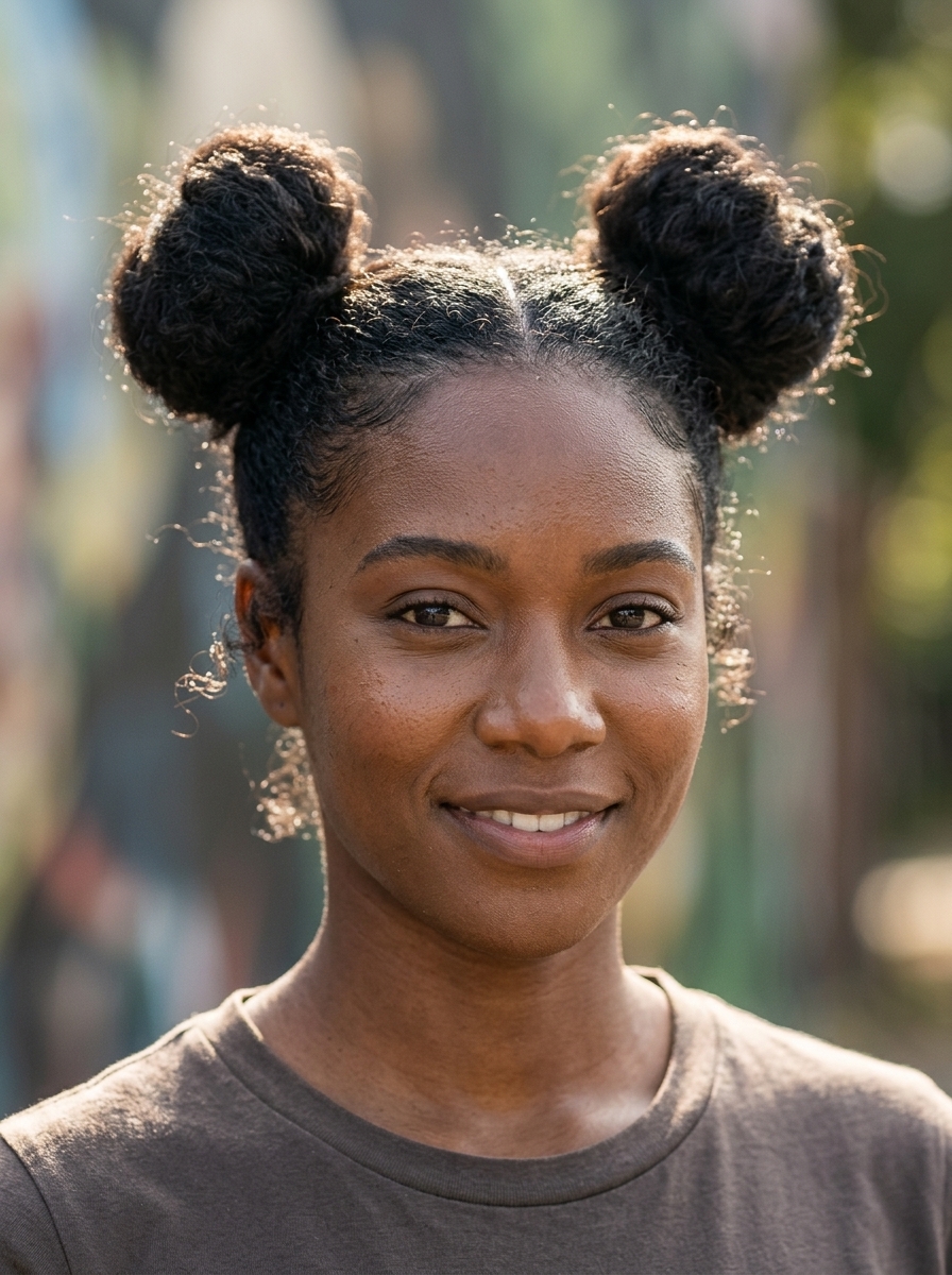 long natural hair with playful Y2K festival space buns and laid edges for concerts