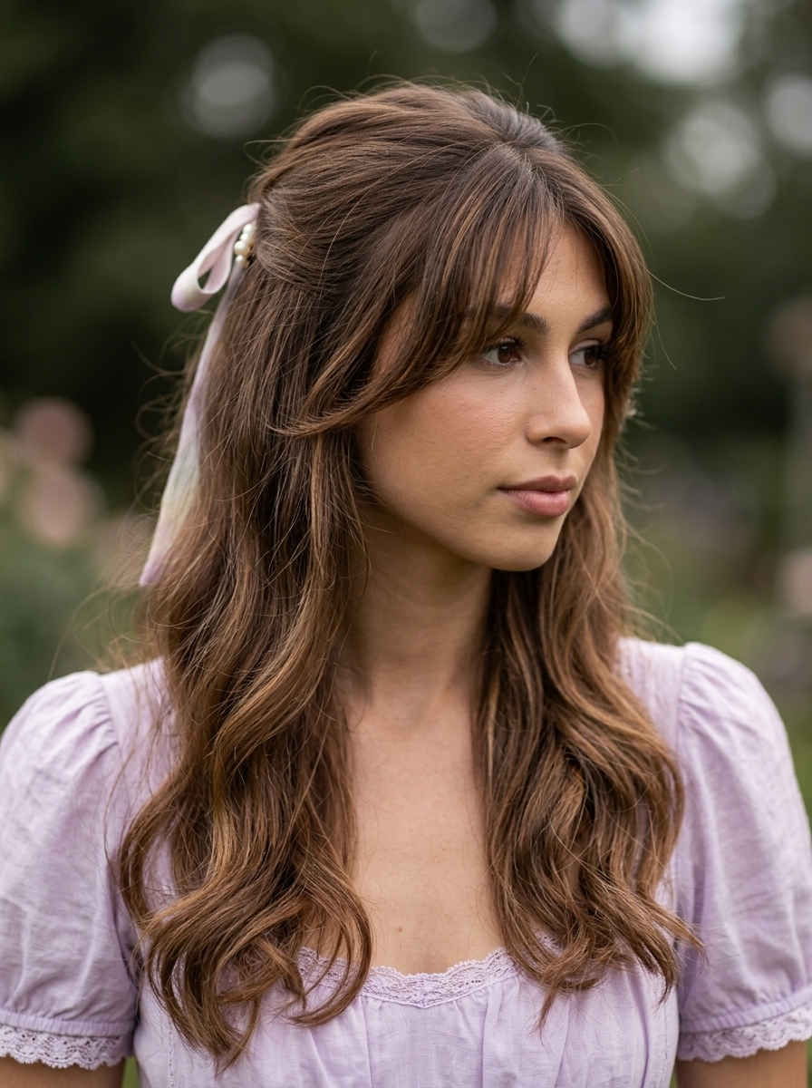 Romantic Coquette Half-Up: Medium Brown 2026 long natural medium brown hair with warm lowlights, wispy curtain bangs, and a romantic half-up style for date night
