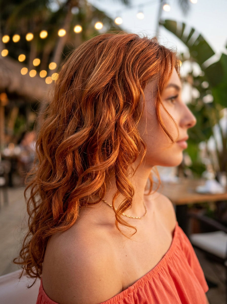 long nectarine copper layered hair with heatless curls and golden highlights for date night