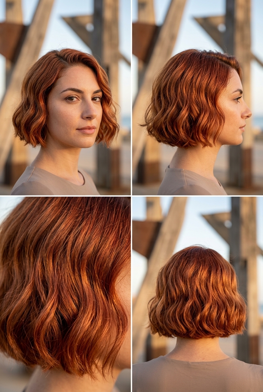 nectarine copper blunt bob with sculpted texture and deep side part for beach club