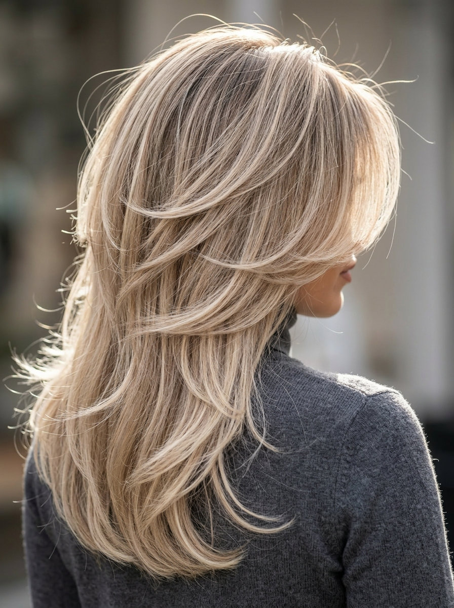 long neutral beige blonde butterfly loft cut with sweeping face-framing layers and volume for summer