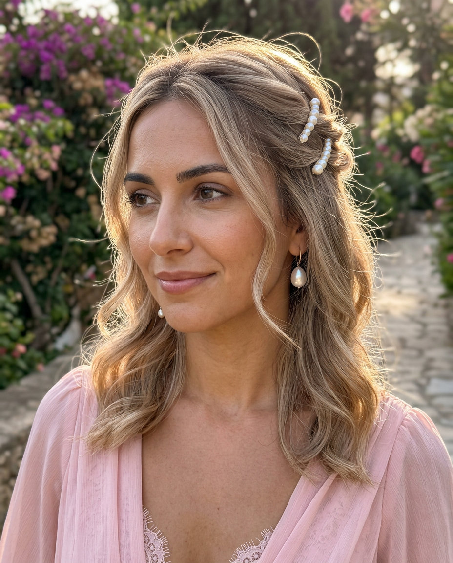 Pearl Half-Up Twist: Summer Hairstyles 2026 medium neutral linen blonde half-up twist with pearls for romantic summer dates