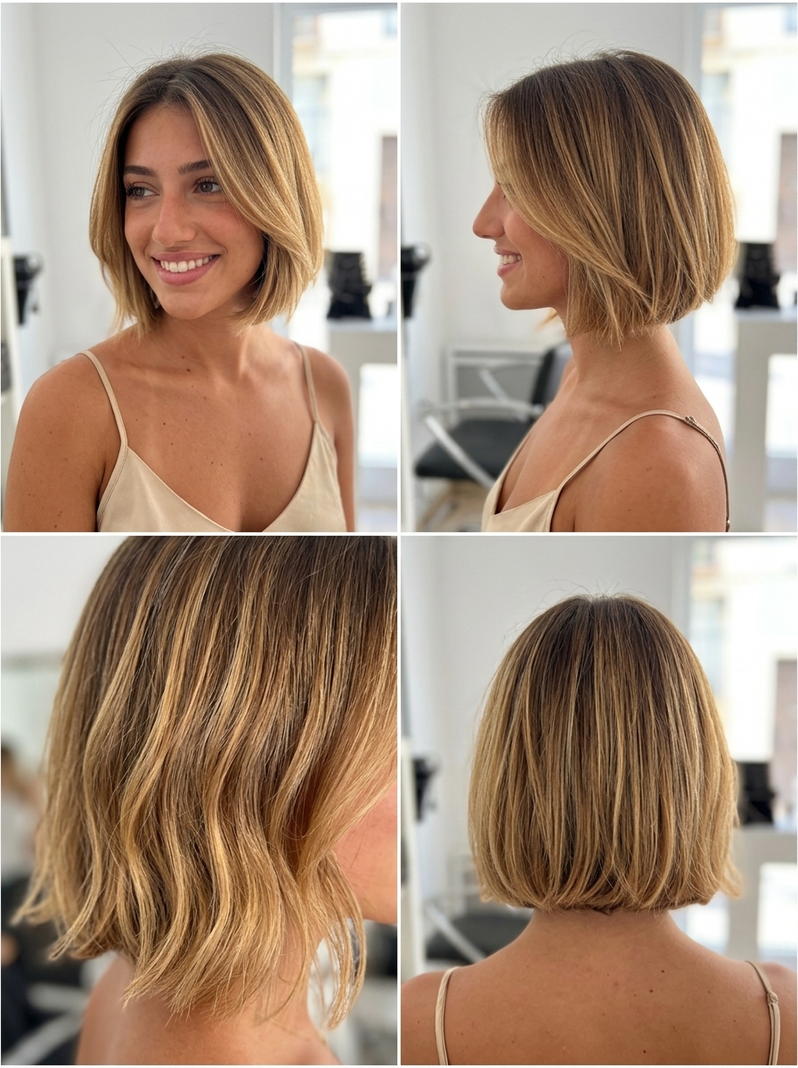 short french bob haircut in cool brown to golden blonde ombré with caramel accents, internal long layers, soft perimeter — effortless summer style