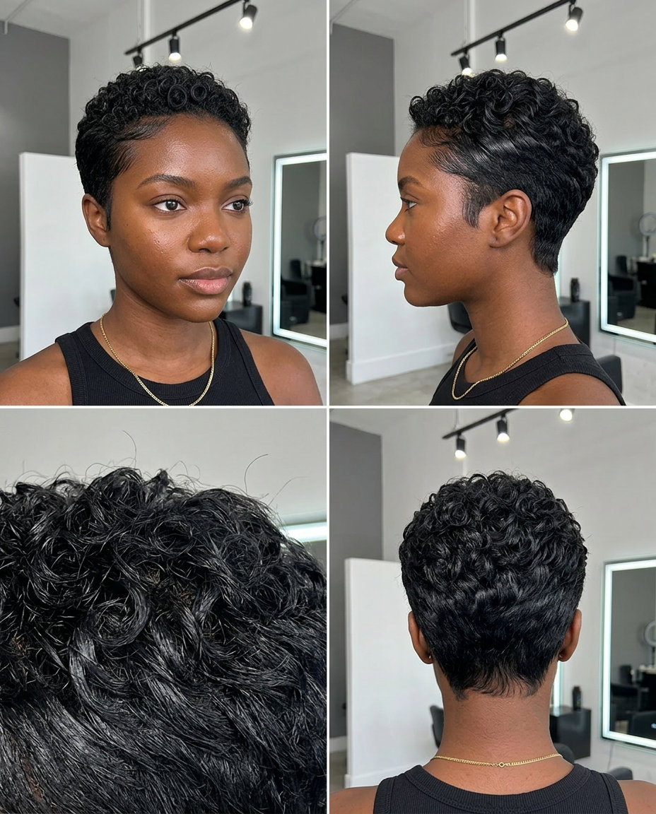 very short pixie haircut in onyx black with high-gloss finish, sculpted lines for minimalist mood