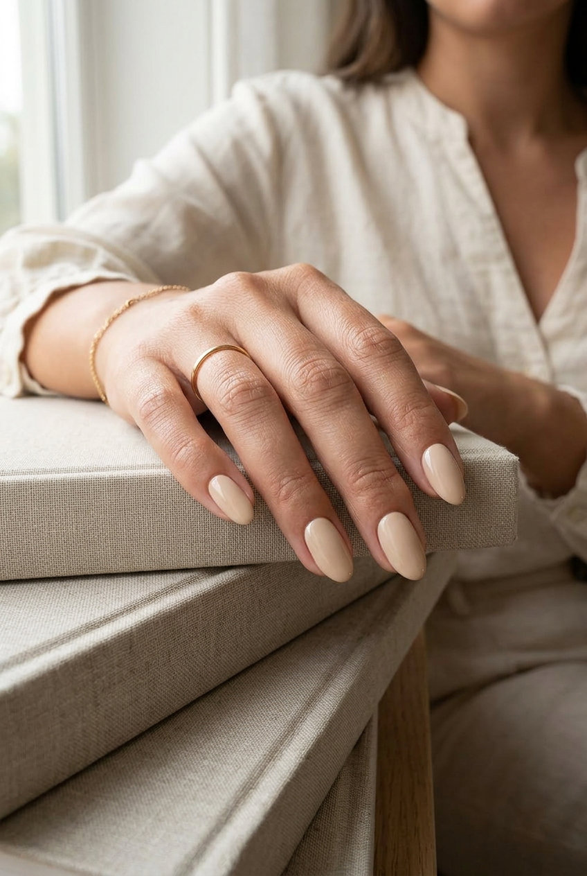 Creamy Beige Glossy Timeless Nails 2026 Creamy Beige Glossy Timeless: Oval summer nails 2026 for all skin tones. Opaque creamy beige high gloss.