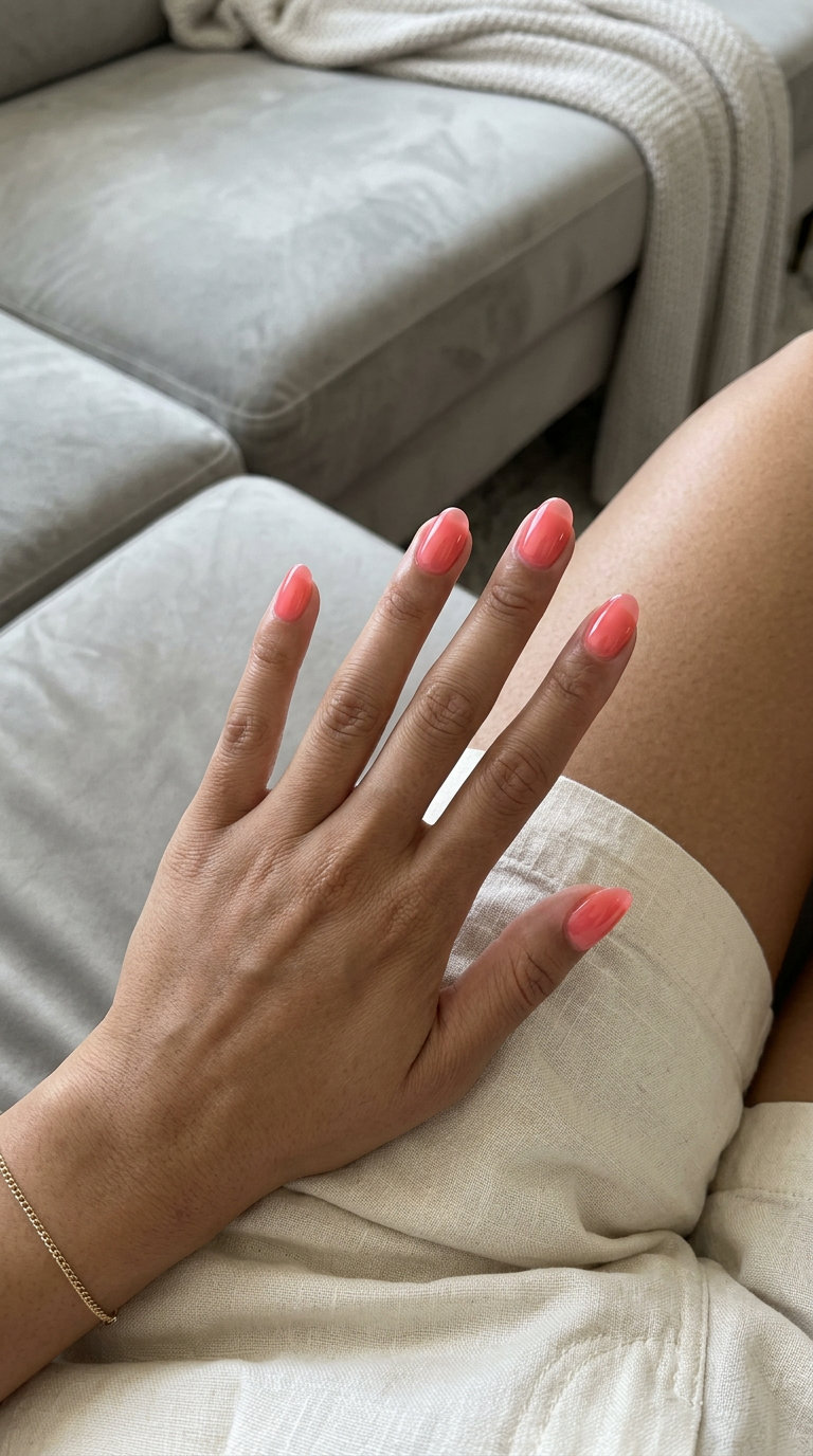 Juicy Peach Dream Jelly Gloss Nails 2026 Juicy Peach Dream Jelly Gloss: Oval summer nails 2026 for all skin tones. Vibrant peachy-pink jelly gel polish.