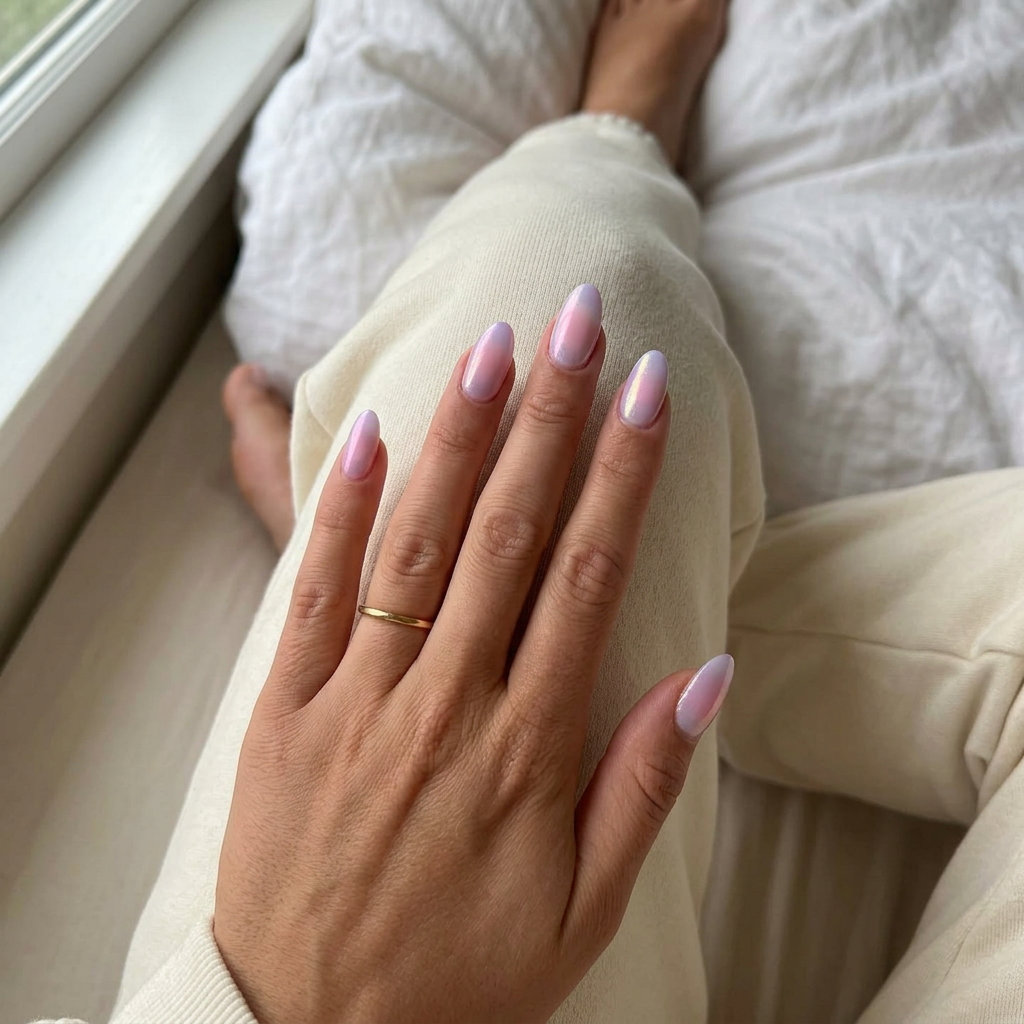 Lilac Haze Aura Gradient oval summer nails 2026 for all skin tones. Whimsical date night & party nails.