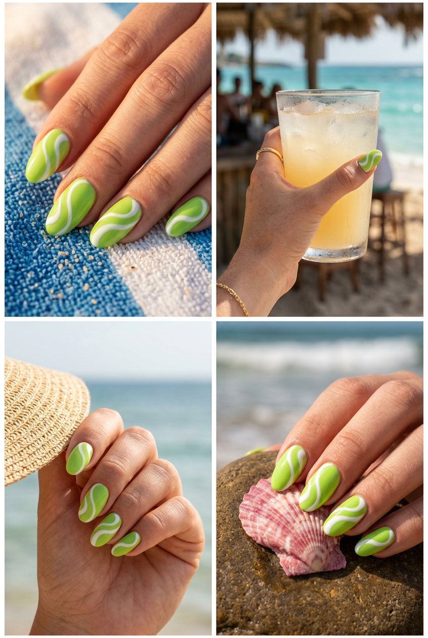 Edgy Lime Green Oval Summer Nails 2026 Edgy lime green oval summer nails 2026 with white swirls for festivals and parties.