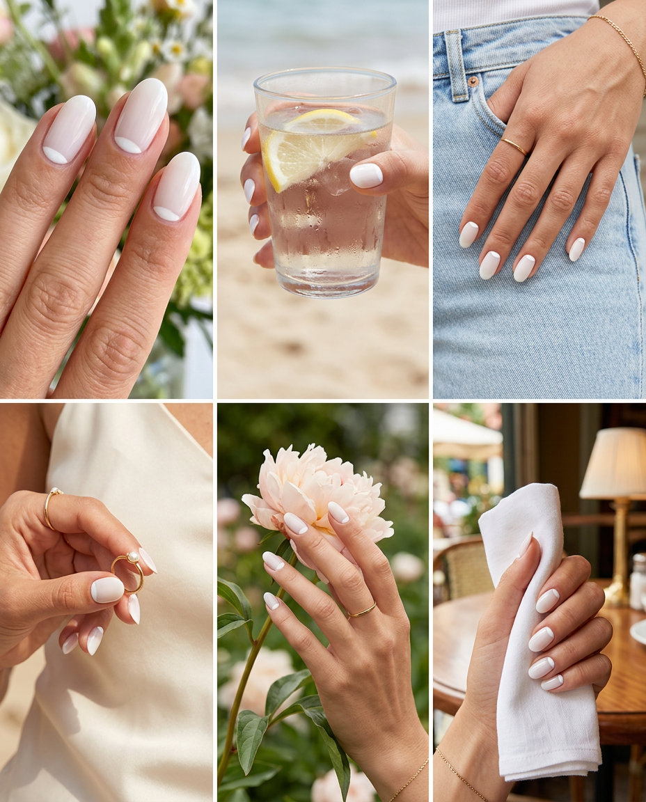 Milky White Oval Summer Nails 2026 Sophisticated milky white oval summer nails 2026 with crisp white reverse French tips.