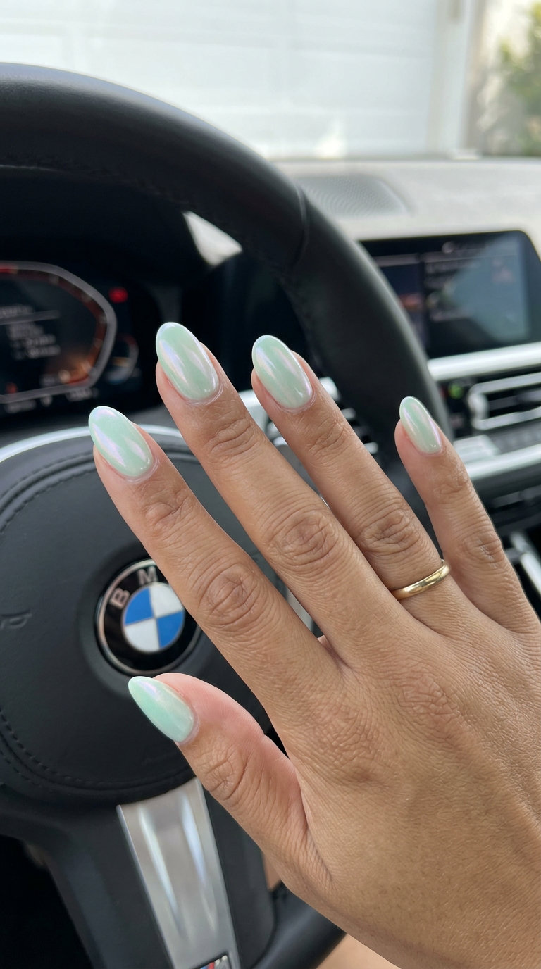 Mint Green Pearlescent Sheen Nails 2026 Mint Green Pearlescent Sheen: Oval summer nails 2026 for all skin tones. Creamy mint green with pearlescent shift.