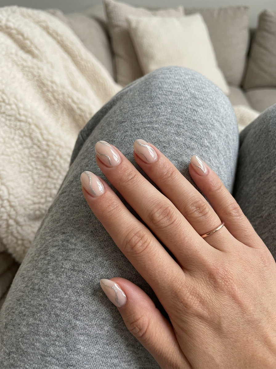 Silver Lines on Nude Oval Nails 2026 Sparkling Silver Lines on Sheer Nude: Oval summer nails 2026 for all skin tones. Nude base with silver shimmer lines.