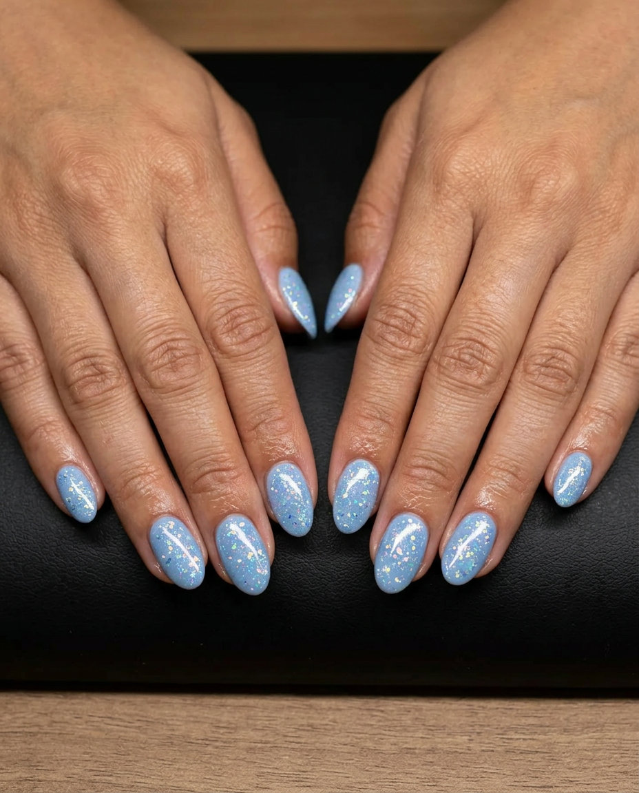 Stardust Blue Oval Summer Nails 2026 Whimsical pastel blue oval summer nails 2026 with holographic glitter for festivals.