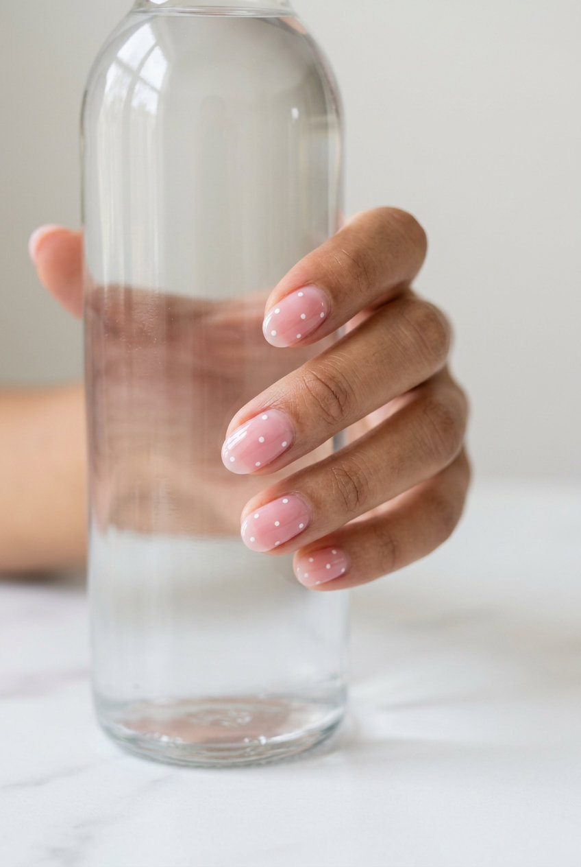 Strawberry Milk Dots Oval Nails 2026 Strawberry Milk Dots Oval: Oval summer nails 2026 for all skin tones. Milky pink jelly with tiny white dots.