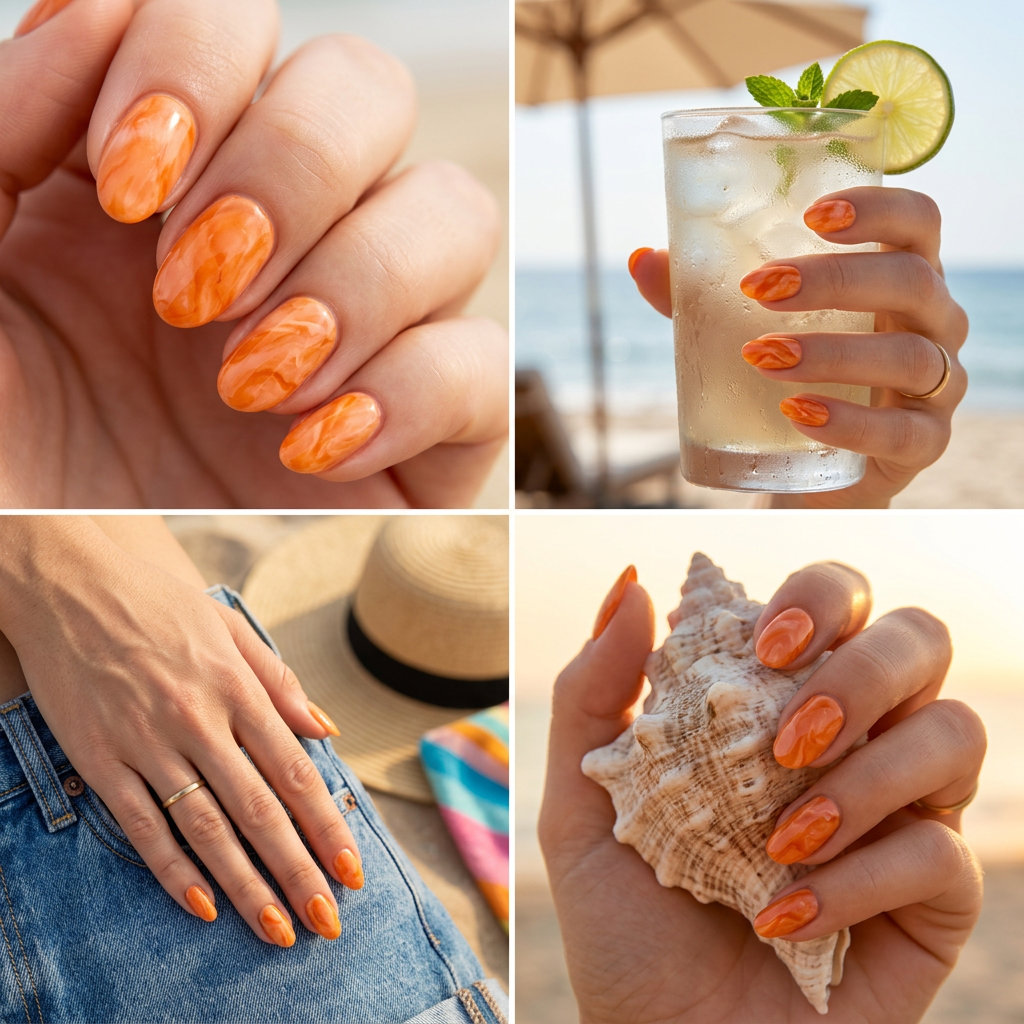 Sunset Marble Oval Summer Nails 2026 Romantic coral and white marble oval summer nails 2026 for date nights and chic evenings.