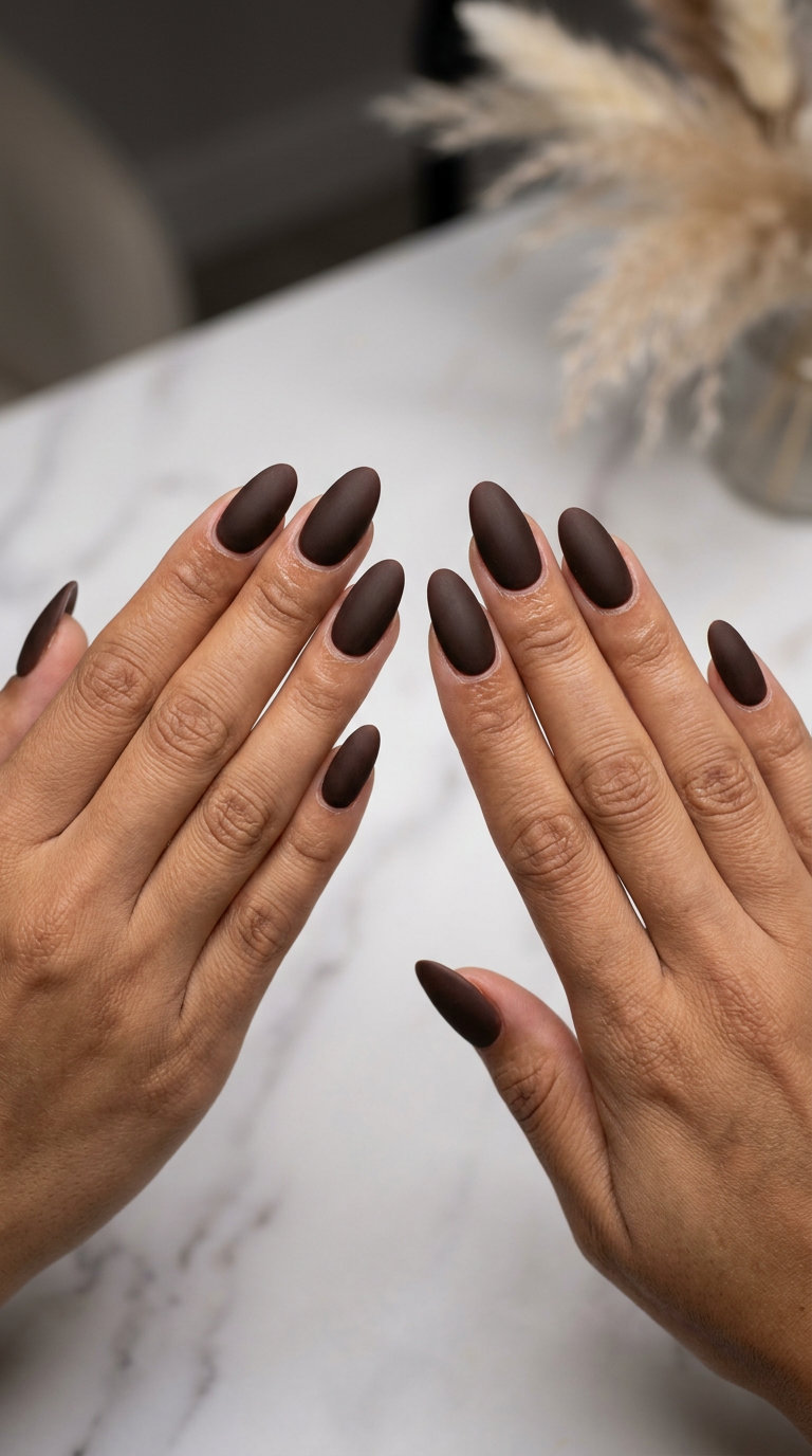 Velvet Mocha Depth Oval Nails 2026 Velvet Mocha Depth Oval: Oval summer nails 2026 for all skin tones. Deep espresso brown velvet matte.