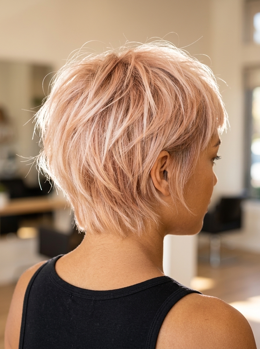 short pastel peach bixie haircut with rose gold accents and wispy micro-bangs for festivals