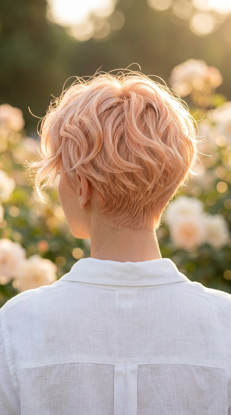 very short pixie haircut in soft peach with golden undertones, point-cut layers for romantic mood