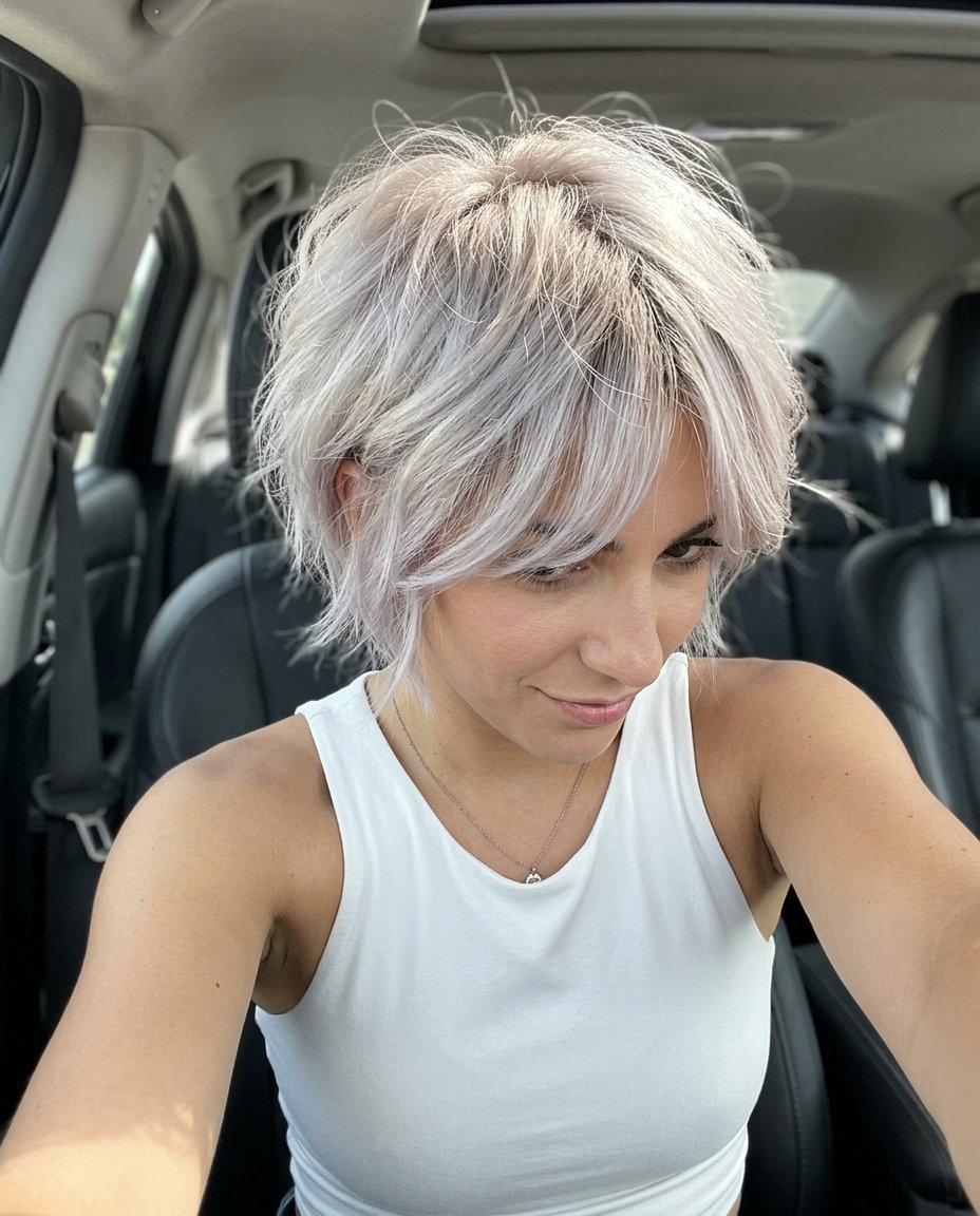 short textured bixie haircut in cool pearl blonde, iridescent undertones, root smudge — modern