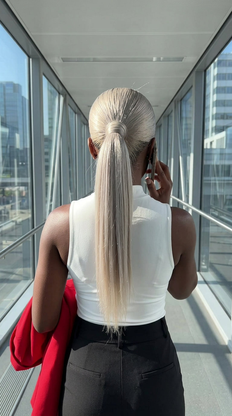 long cool platinum blonde executive power pony with wrapped base for work