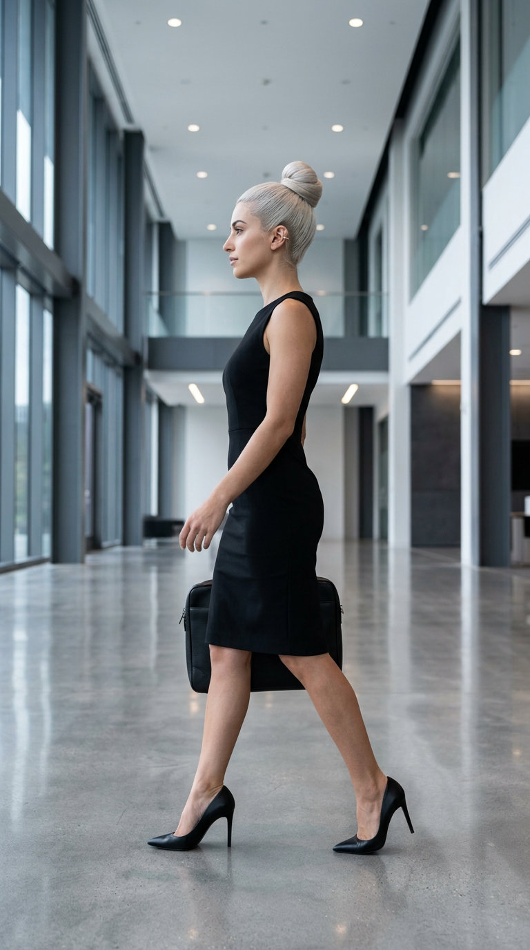 long platinum blonde sculpted high top knot with sleek finish for work