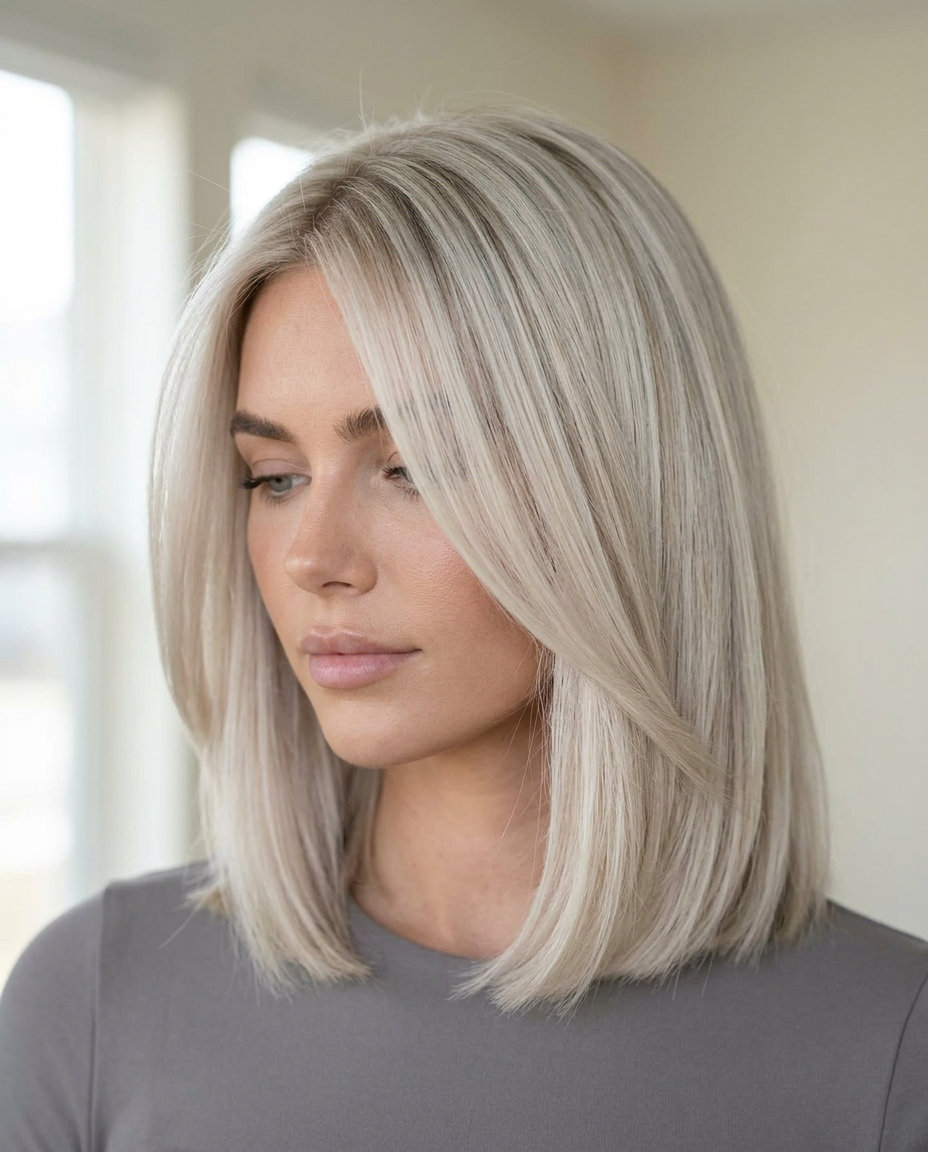 Ghost Layer Platinum Midi Haircut 2026 medium layered haircut with icy platinum blonde, pearl accents, neutral root — sleek sophisticated style
