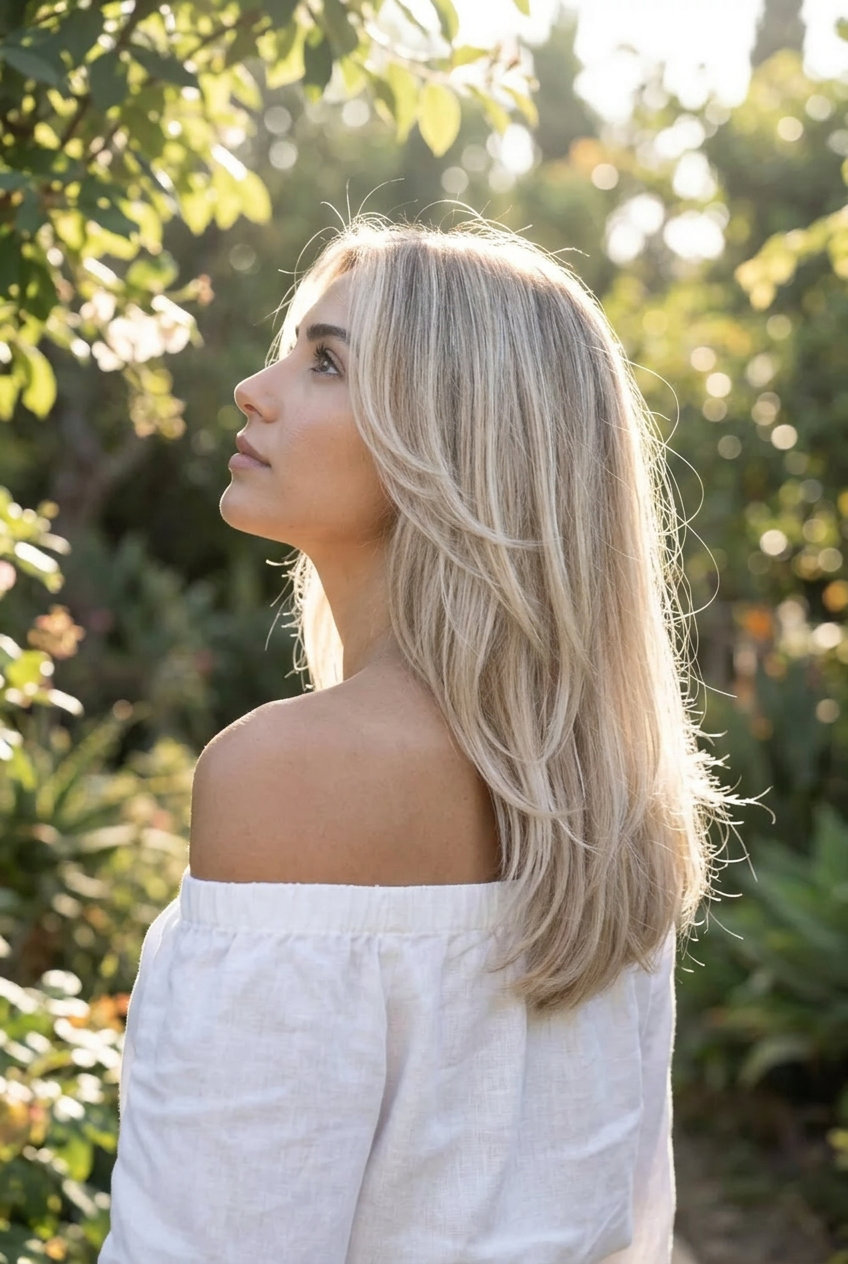 Summer Cloud Layers: Platinum Blonde Haircut medium layered haircut with Platinum Linen Blonde, teasylights, face-framing highlights — ethereal summer style