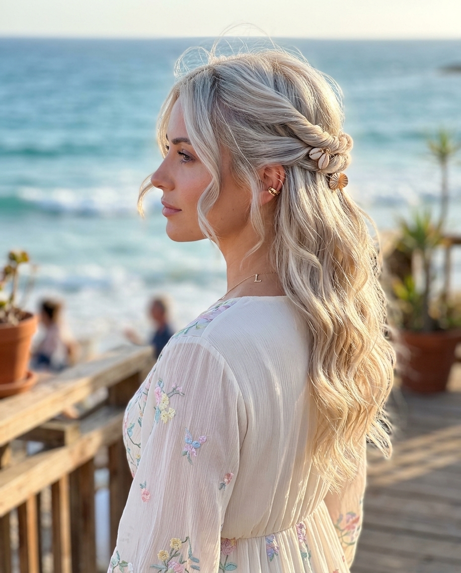 medium wavy hairstyle with icy platinum blonde, half-up twist, face-framing tendrils — bohemian festival