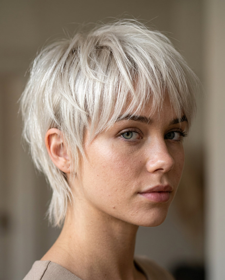 very short platinum blonde pixie shag with cool violet undertones, razored texture, choppy face-framing pieces — edgy avant-garde