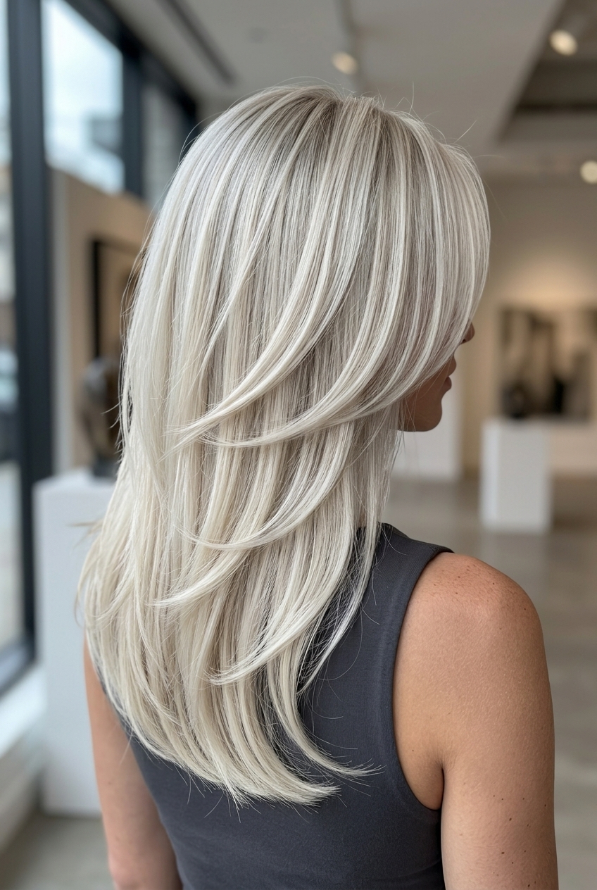 long layered haircut with icy platinum blonde, sculpted layers — bold & modern