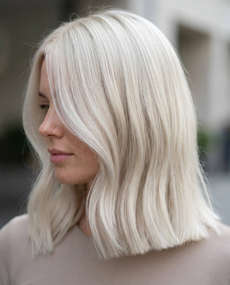 medium textured lob haircut with cool platinum blonde, Scandi hairline, no bangs — high-fashion and sleek